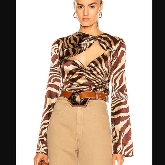 GANNI Cutout tiger-print silk-blend satin blouse Size US 4 EU 36 - Picture 4 of 12